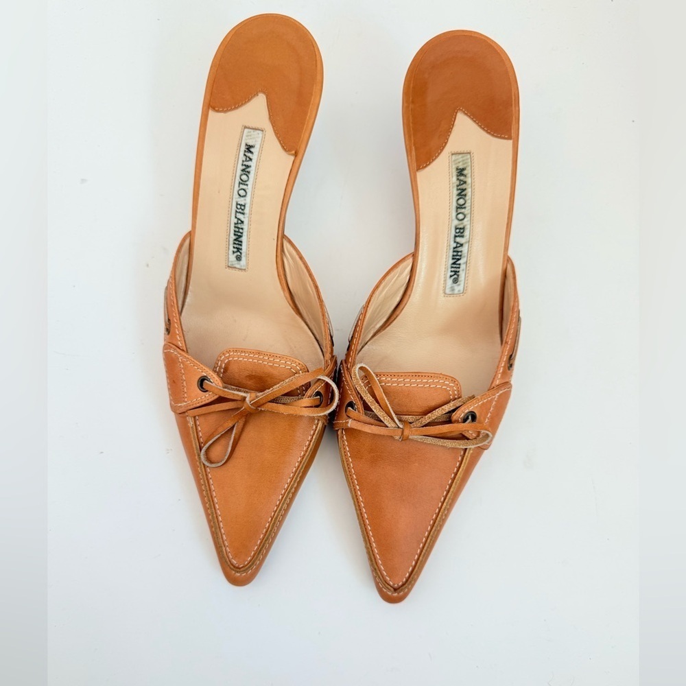 Manolo Blahnik Vintage Brown Leather Bow Lace Up Kitten Heel Mule pumps EU 38 - Picture 2 of 8